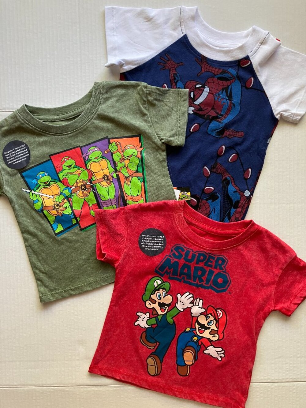12 month Short Sleeve Character T-Shirt Bundle: Mario Spiderman Ninja Turtles
